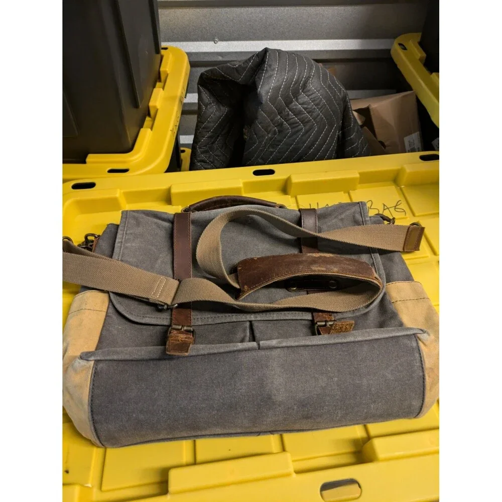 Messenger Bag Gray Canvas Brown Leather Satchel Cross Body Shoulder